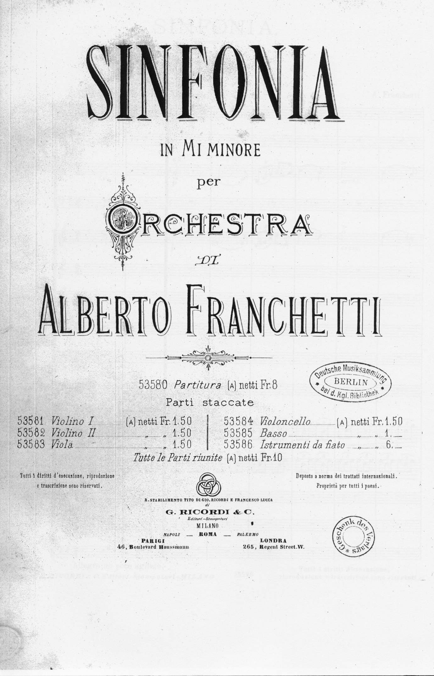 Alberto Franchetti, Sinfonia - frontespizio